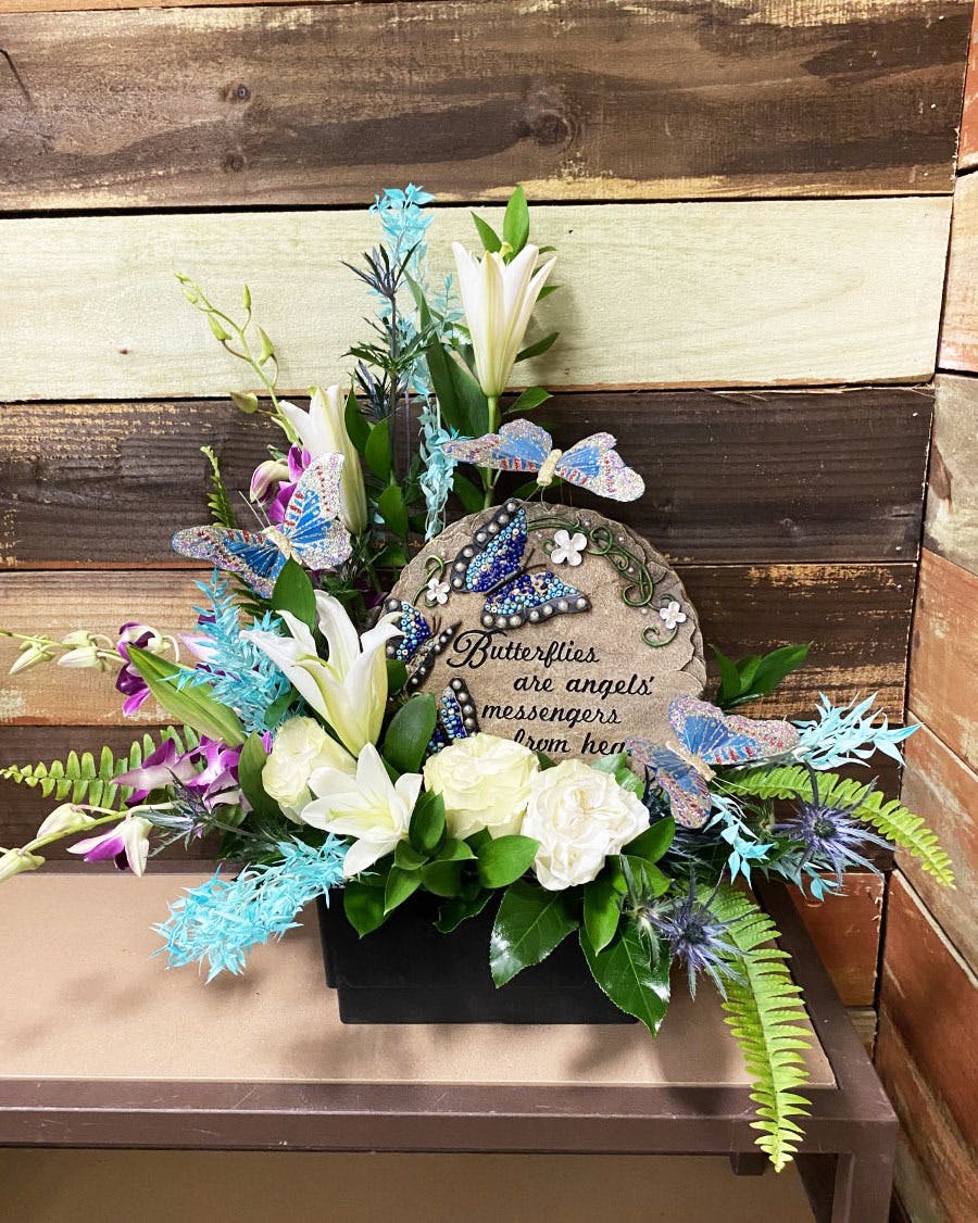 Butterflies are Angels Sympathy floral arrangement and keepsake